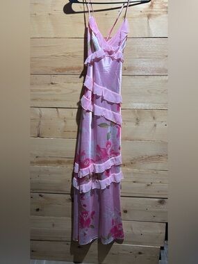 Beginning Boutique Pink Floral Ruffle Slip Maxi Dress